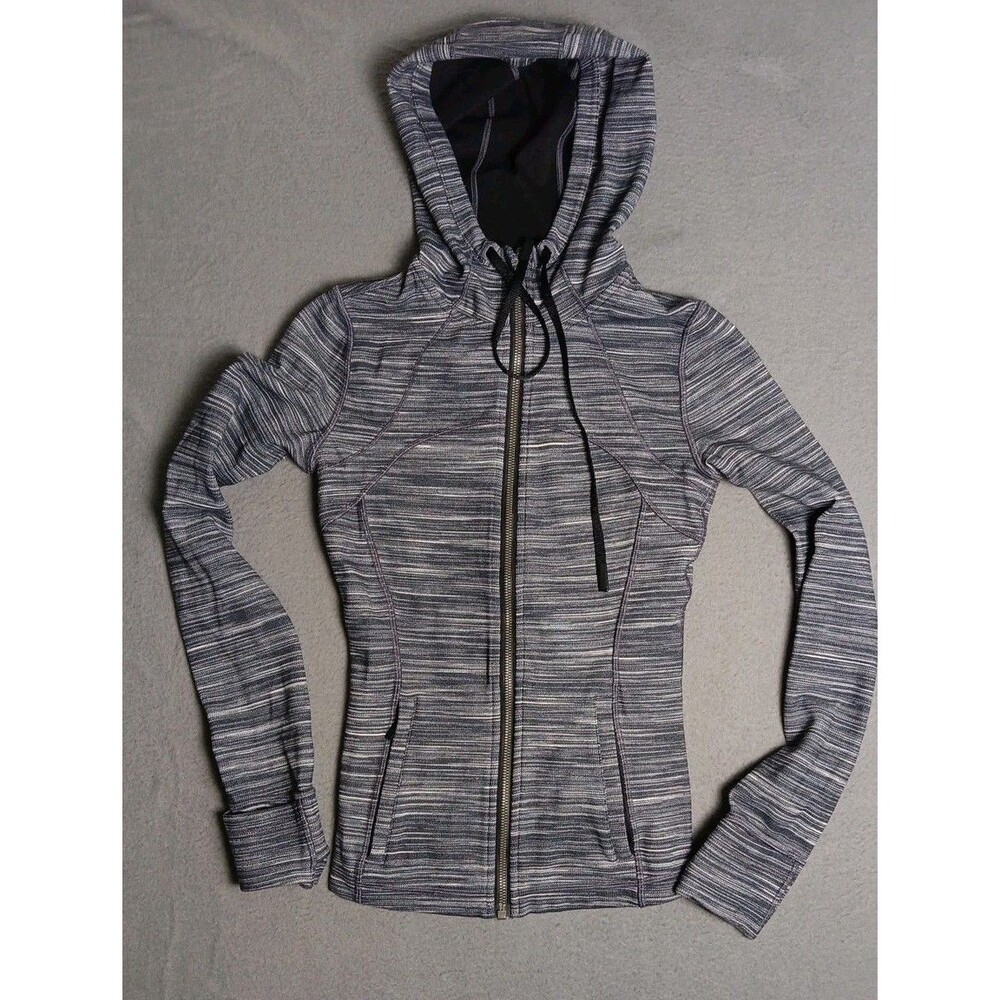 Lululemon Hooded Define Jacket Nulu Womens 4 Gray White Blue Striped Thumbholes